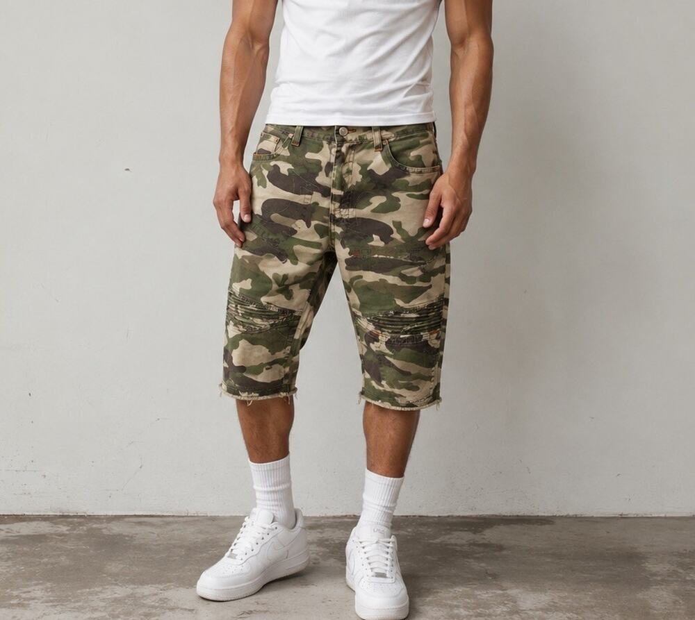 True Religion Moto Cutoff Shorts Mens 38 Camo Y2K Streetwear Distressed